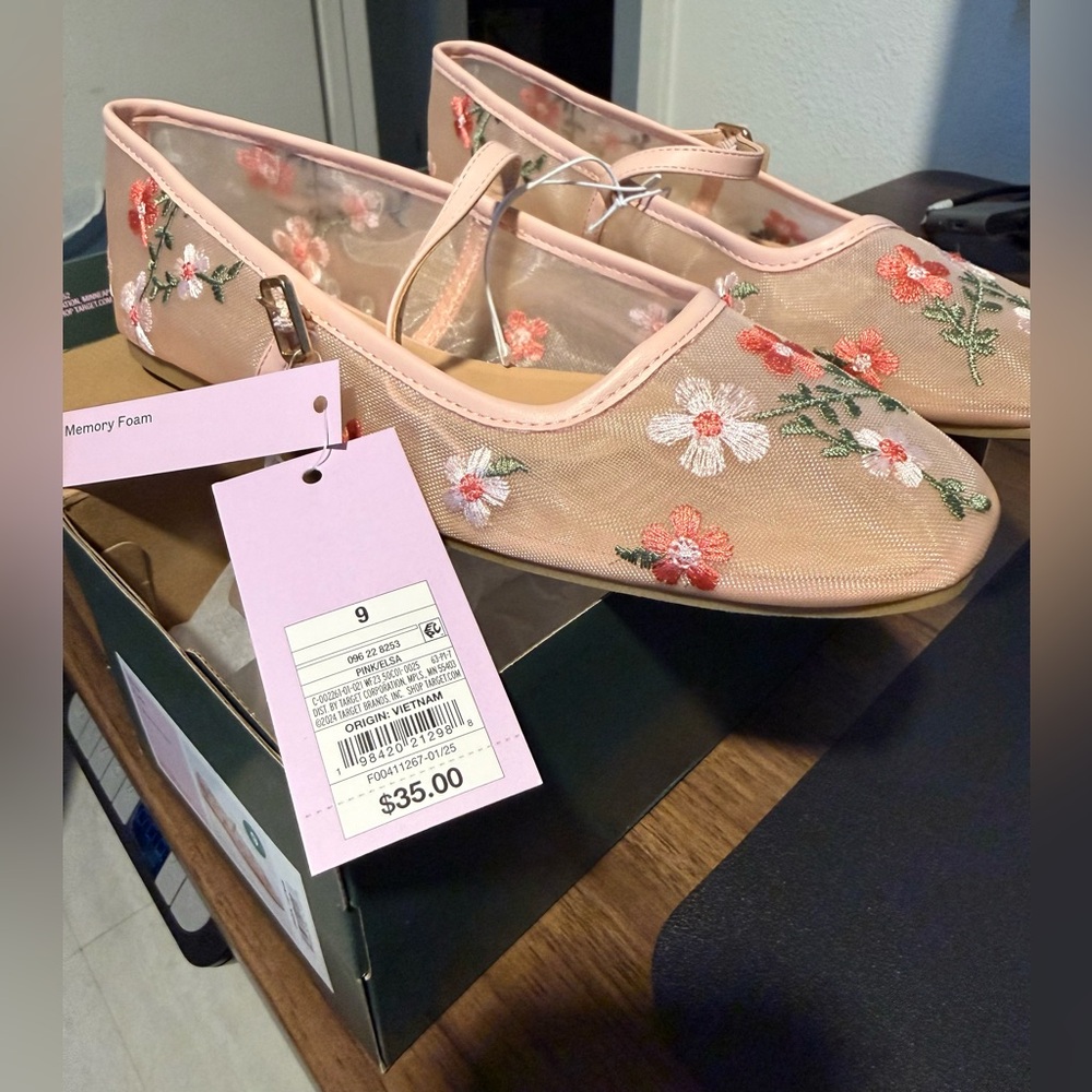 Wild Fable Floral Embroidered Flats in Pink and Green
